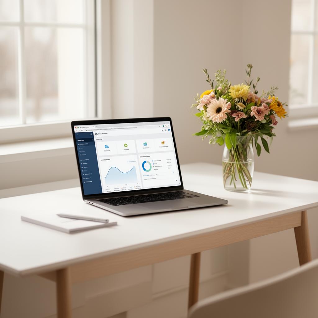 Blomsterbukett på et kontorbord ved siden av en laptop og regnskapsdokumenter