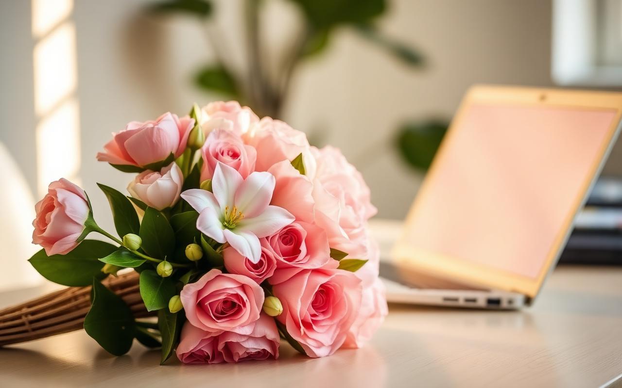 Bukett med rosa og hvite blomster på et kontorbord ved siden av en laptop